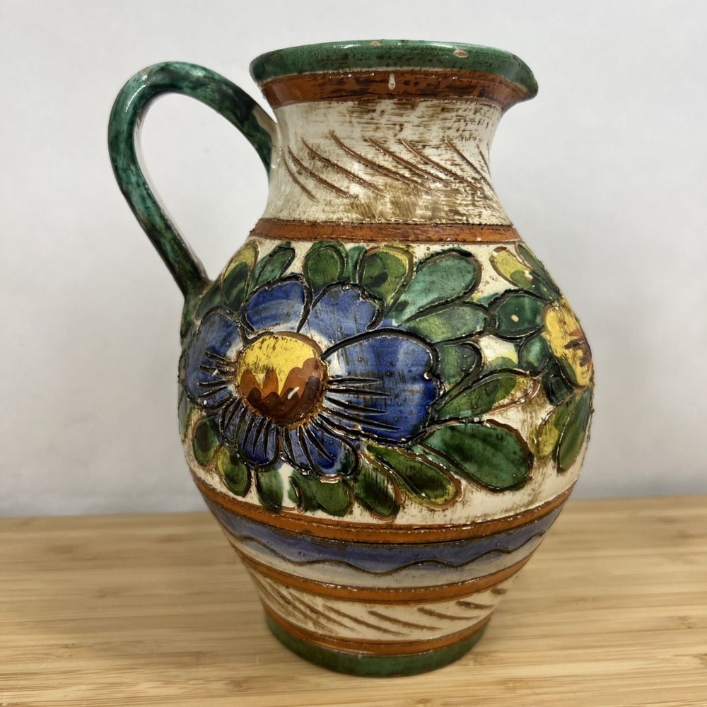 Vintage Italian Majolica Pottery Pitcher Floral Relief Vase Made In Italy VR/366